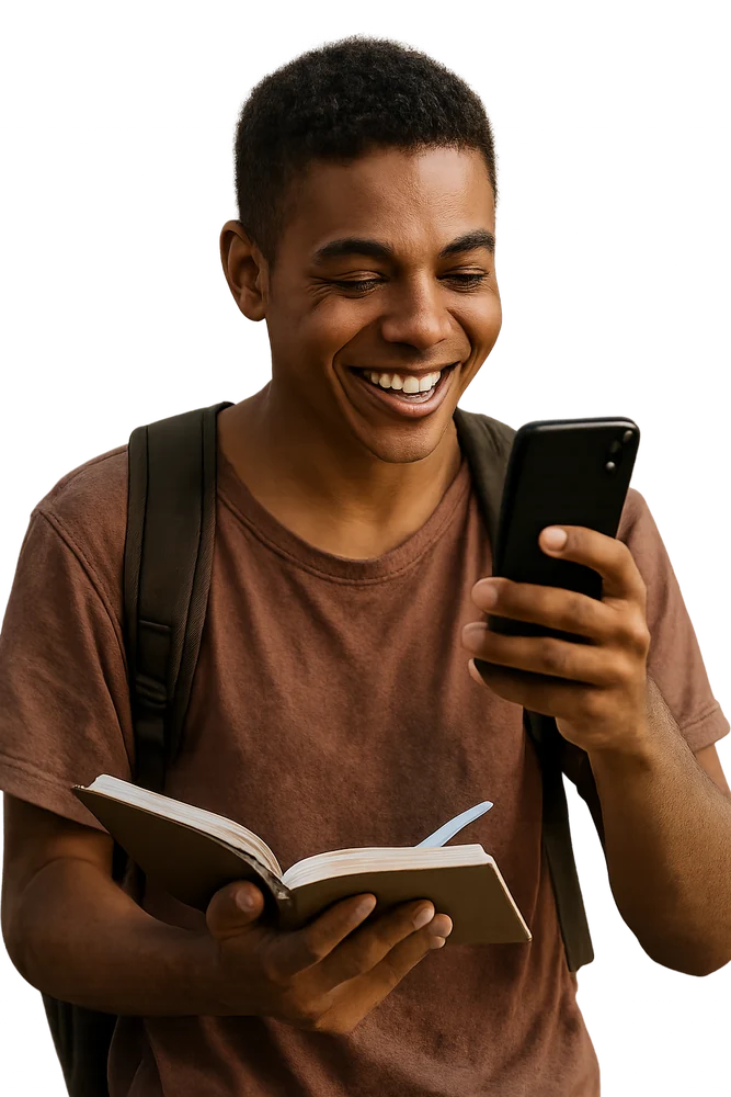 Estudante com mochila e livro olhando o celular