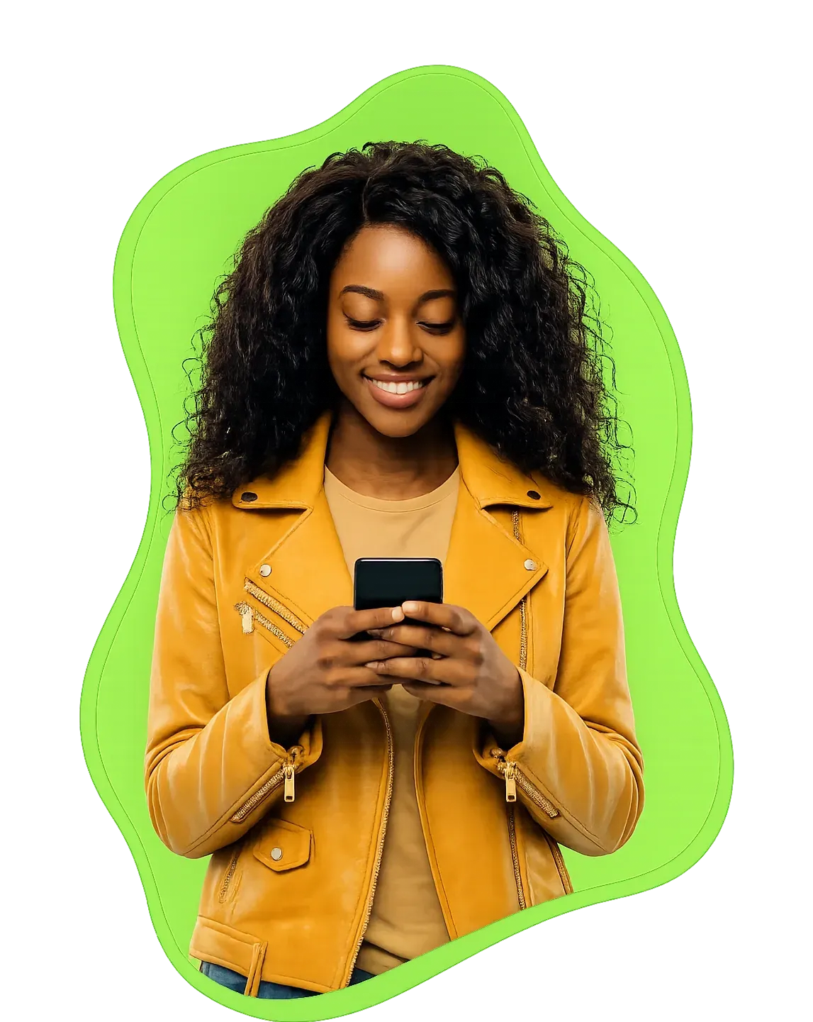 Trabalhadora de jaqueta amarela sorrindo enquanto usa o celular, com blob verde